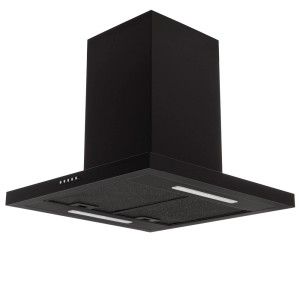 Czarny okap wyspowy t.b.t. z oświetleniem i panelem sterowania.