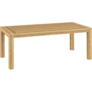 Prostokątny, jasnobrązowy drewniany stół ogrodowy, idealny do użytku na zewnątrz.