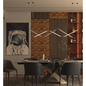 Nowoczesna oprawa oświetleniowa t.b.t. nad stołem jadalnym z ścianą Mozaiki w tle.