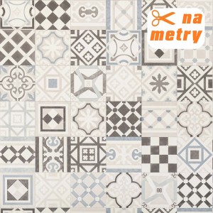 t.b.t. Wykładzina PCV z wzorem płytek w odcieniach szarości i beżu.