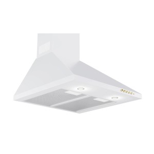 Biały okap ścienny t.b.t. do kuchni z oświetleniem i złotymi elementami sterującymi.