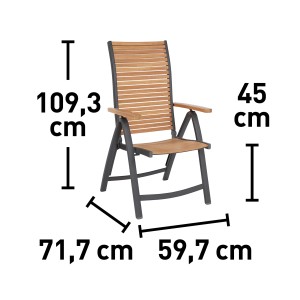 Krzesło składane Bonlee o wymiarach: wysokość 109,3 cm, wysokość siedziska 45 cm, głębokość 71,7 cm, szerokość 59,7 cm. Krzesło ogrodowe z drewna i aluminium.