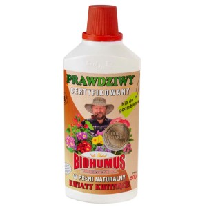 Butelka nawozu do kwiatów Biohumus Extra do roślin doniczkowych i balkonowych.