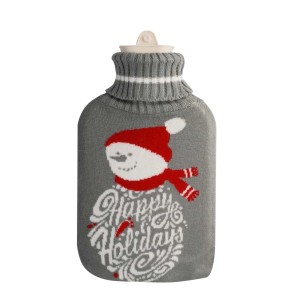 Szary termofor z motywem bałwana i napisem "Happy Holidays".