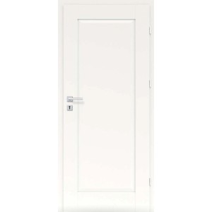 Białe drzwi wewnętrzne t.b.t. z srebrną klamką.