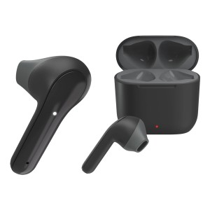 Czarne słuchawki douszne t.b.t. z etui ładującym.