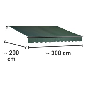 Ciemnozielona markiza przegubowa Aventura 3x2m na taras i balkon, z falbaną i oznaczeniem rozmiaru.