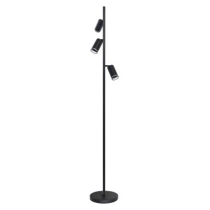 Czarna lampa podłogowa t.b.t. z trzema reflektorami do salonu.