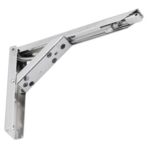 Składany metalowy wspornik do budowy mebli, w kolorze srebrnym.