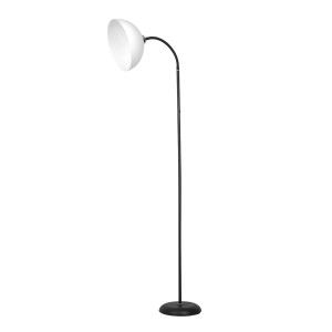 Czarna lampa podłogowa t.b.t. z białym kloszem do salonu.