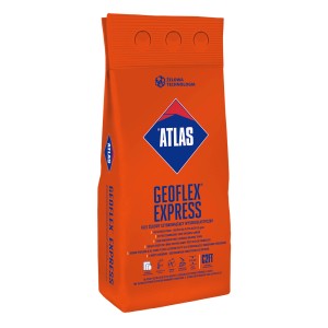 Pomarańczowy worek kleju do płytek Atlas Geoflex Express do szybkiego montażu.