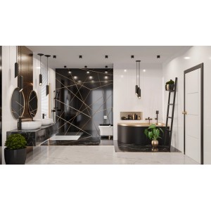 Nowoczesna łazienka z umywalkami, wanną i prysznicem w kolorze czarnym i złotym.