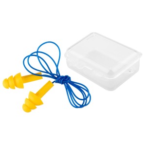 Żółte, wielorazowe zatyczki do uszu LUX z niebieskim sznurkiem i przezroczystym pudełkiem.