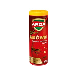 Arox Środek na mrówki, puszka z żółtą pokrywką i czerwoną banderolą.