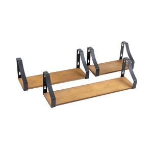 Dwie półki ścienne z drewnianą deską i czarnymi metalowymi wspornikami.