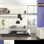 Salon z farbami ściennymi w kolorze białym i fioletowym, pomalowany t.b.t.