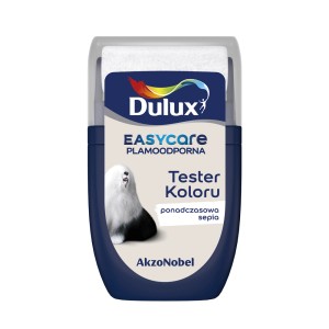 Tester koloru Dulux EasyCare, odcień ponadczasowa sepia. Wałek do malowania ścian.