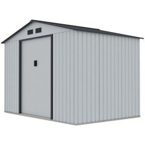 Szara metalowa szopa ogrodowa z czarnym dachem i ramą drzwi.