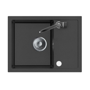 Czarny zlewozmywak granitowy t.b.t. z baterią i komorą.