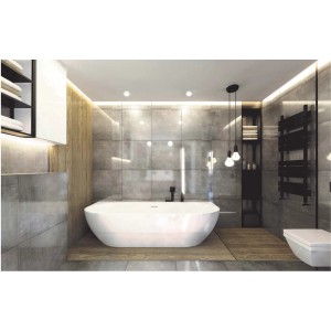 Nowoczesna łazienka z szarymi płytkami podłogowymi i wolnostojącą wanną.