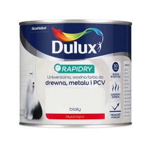 Puszka białej emalii Dulux Rapidry do drewna, metalu i PCV.