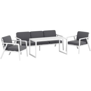 Biały zestaw mebli ogrodowych z sofą, stołem i dwoma fotelami z szarymi poduszkami.