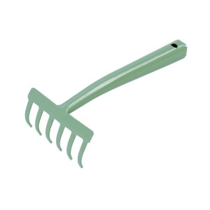 Zielone grabie ręczne LUX z 6 zębami do prac ogrodowych na małych grządkach.