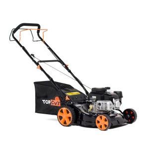 Kosiarka spalinowa Top Cut, czarna z pomarańczowymi akcentami i koszem.