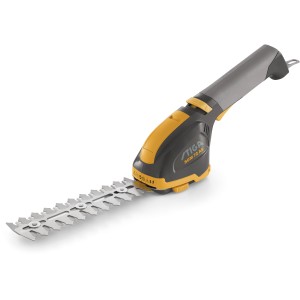 Akumulatorowe nożyce do trawy i krzewów Stiga SGM 72 AE z szarym/żółtym uchwytem i srebrnym ostrzem.