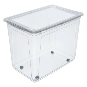 Przezroczysty pojemnik do przechowywania t.b.t. z pokrywą i kółkami.