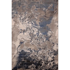 Nowoczesny dywan z krótkim włosiem o abstrakcyjnym wzorze w kolorze beżowym i niebieskim.