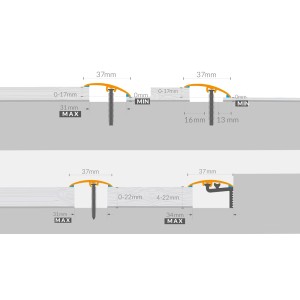 Szczegółowy rysunek profilu przejściowego t.b.t.: Opcje montażu i wymiary dla pokryć podłogowych.