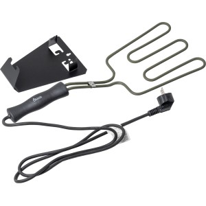 Elektryczna rozpałka do grilla z elementem grzejnym ze stali nierdzewnej, plastikowym uchwytem i podstawką.