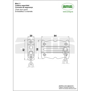 Rysunek techniczny rygla z łańcuchem i wymiarami. Rygle i zasuwy.