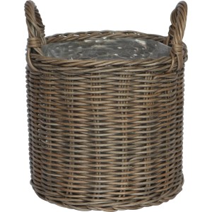 Szary kosz z polirattanu z uchwytami, 27,5x27,5x31,5 cm, idealny jako osłonka na doniczkę do użytku wewnątrz i na zewnątrz.