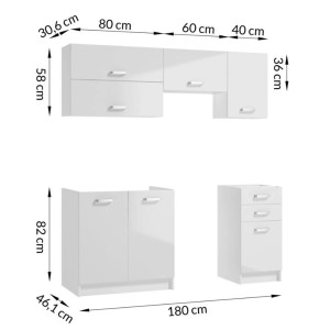 Biały zestaw mebli kuchennych t.b.t. z szafkami górnymi i dolnymi, wymiary zaznaczone.