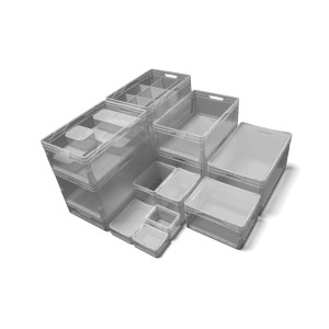 Szare Euroboxy w różnych rozmiarach, pełna ściana, część systemu Eurobox.