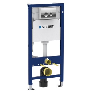 Spłuczka Geberit z niebieską ramą do zestawu WC.