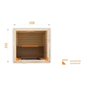 Widok z góry sauny t.b.t. o wymiarach 102 x 108 cm z emiterami ceramicznymi.