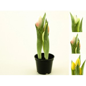 Sztuczne tulipany w doniczce, dostępne w różnych kolorach.