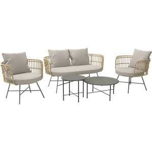 5-częściowy zestaw wypoczynkowy Hillston z naturalnego polirattanu z sofą, fotelami i stolikami.
