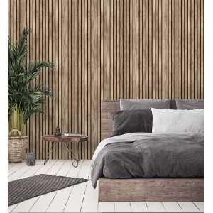 Tapeta z paneli drewnianych t.b.t. w sypialni.
