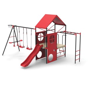 Czerwony plac zabaw z huśtawką, zjeżdżalnią i drabinkami.