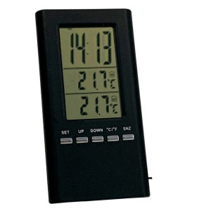 Czarna stacja pogodowa t.b.t. z cyfrowym wyświetlaczem czasu i temperatury.