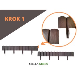 Obrzeże ogrodowe t.b.t. z tworzywa sztucznego imitujące drewno, zbliżenie na łączenie.