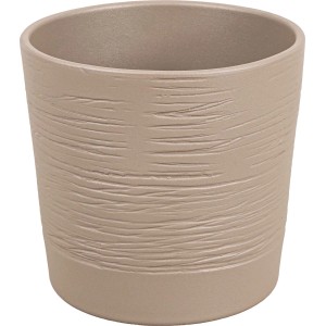 Beżowa doniczka t.b.t. z poziomą rowkowaną teksturą.