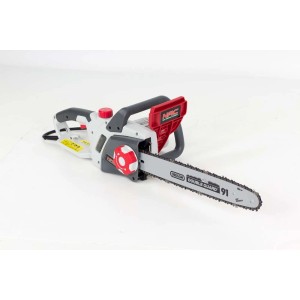 Elektryczna piła łańcuchowa t.b.t. w kolorze szaro-czerwonym z prowadnicą Oregon.