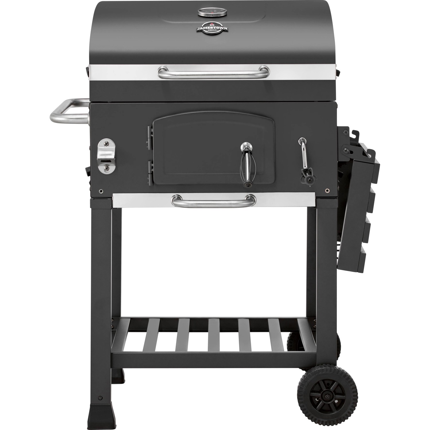 Grill węglowy Jamestown Jaxon z rusztem i drzwiczkami paleniska.