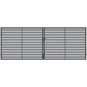 Szara metalowa brama ogrodzeniowa t.b.t. z poziomymi prętami.