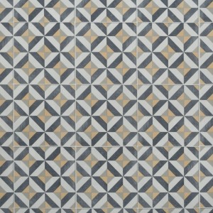 Wzór wykładziny podłogowej PCV z geometrycznym wzorem w kolorze szarym, beżowym i białym.